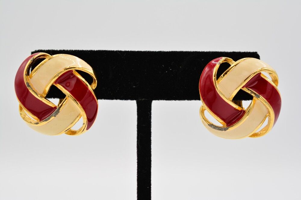 Napier Vintage Clip Earrings Red Off White Enamel Gold Tone Signed 1980s BinH